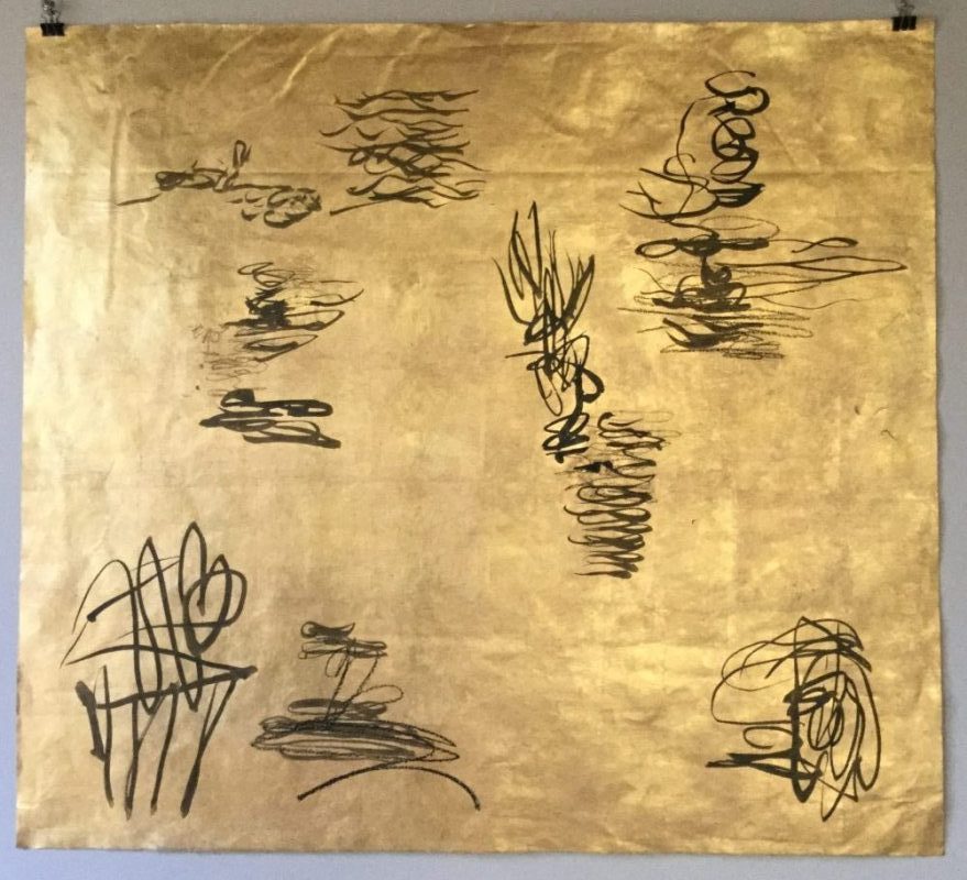 Sumi ink on 23 karat gold leaf on mulberry paper 22.5″ x 25″